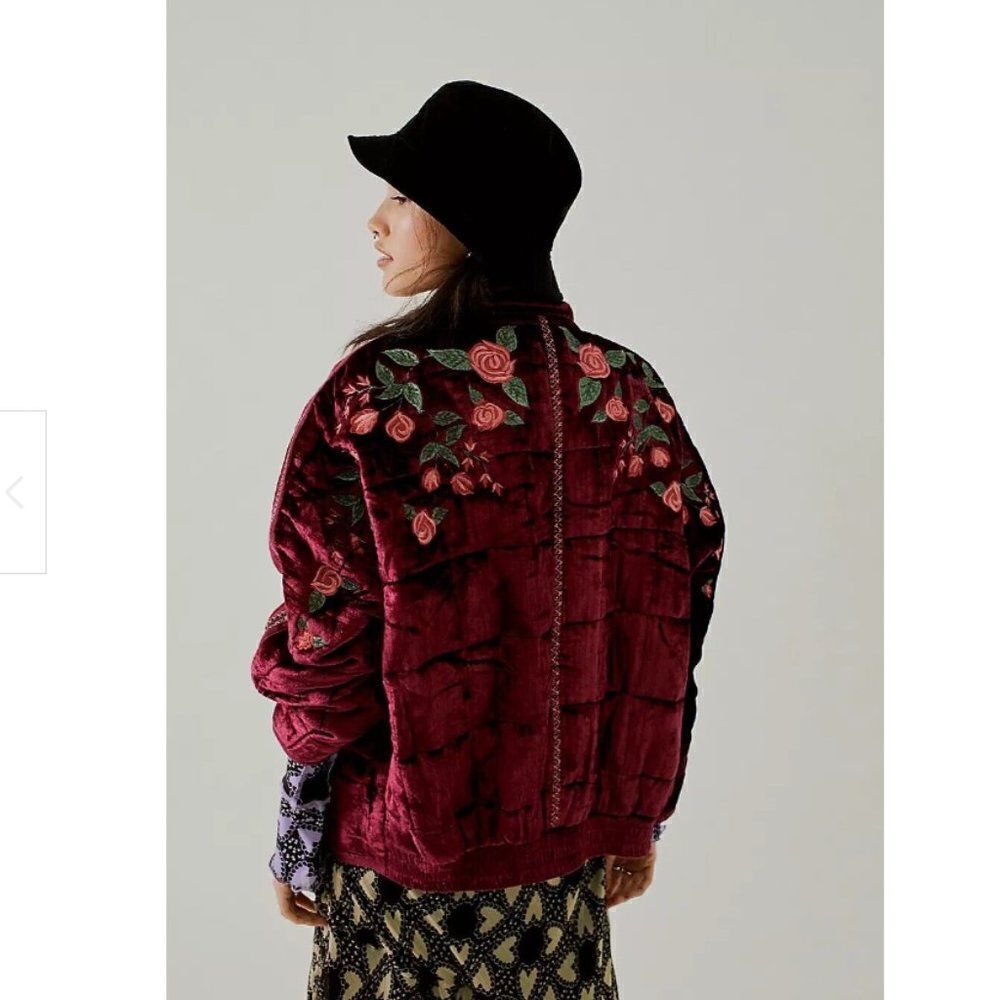 Free People x Anna Sui Rose Garden Velvet Embroidery Dolman Quilted Jacket New M